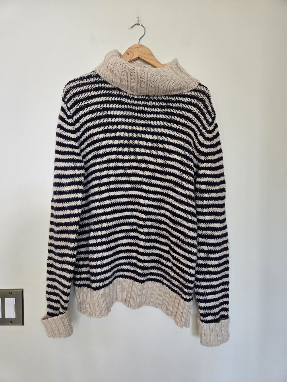 Striped Turtleneck Chunky Knit Sweater in Navy & Cream